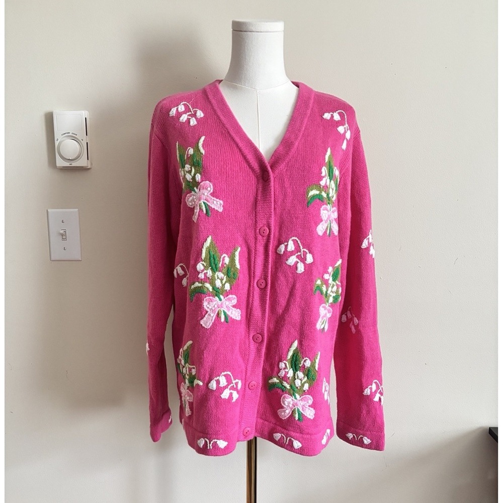 Quaker Factory Womens Medium Knit Cardigan Pink Floral Coquette Cute Oversized